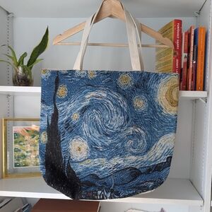 Starry Night Print Tote Bag van Gogh Zip Up Woven Tapestry Fabric Blue Yellow